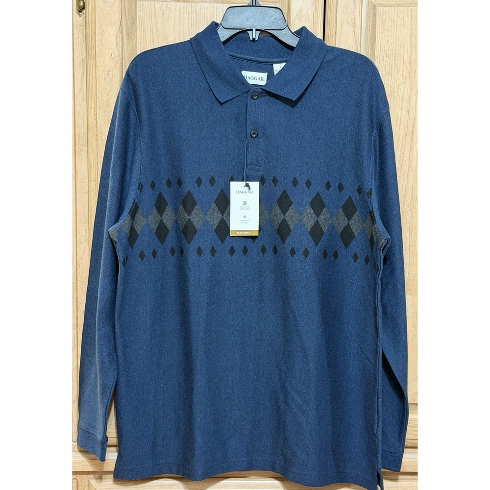 Haggar Blue Argyle Polo Shirt Mens Sz Large Collared Long Sleeve Diamond Stretch